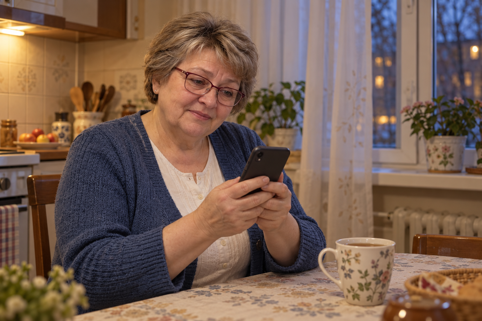 Вера Павловна дома читает тёплое сообщение от Кати