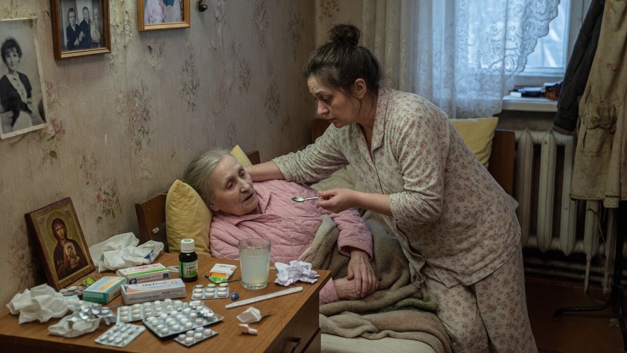 Ира даёт маме лекарства — ежедневный труд