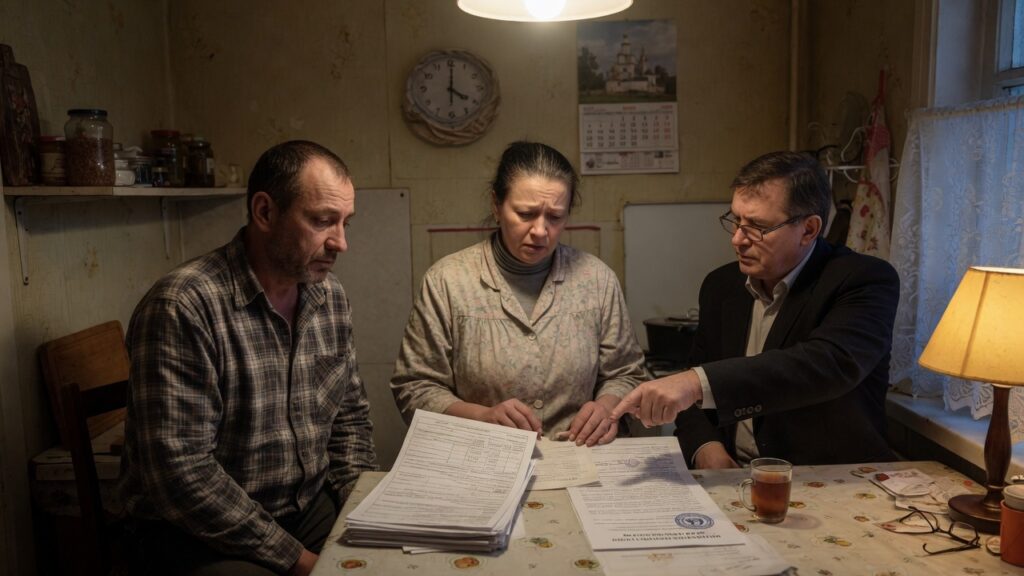 Жена и муж с юристом разбирают долг и повестку по квартире свекрови