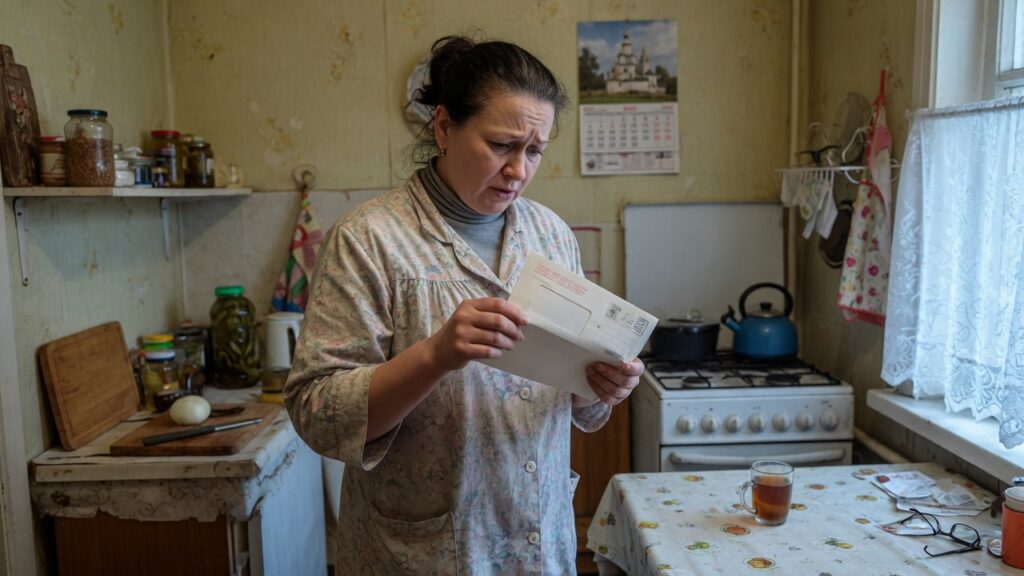 Женщина держит официальный конверт на кухне
