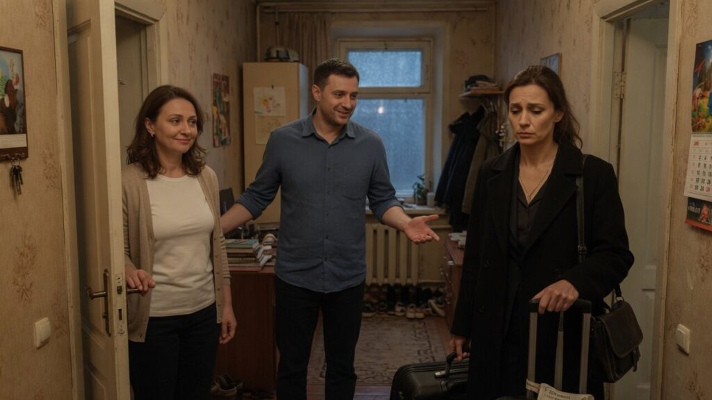 Елена и Игорь встречают Светлану с чемоданом