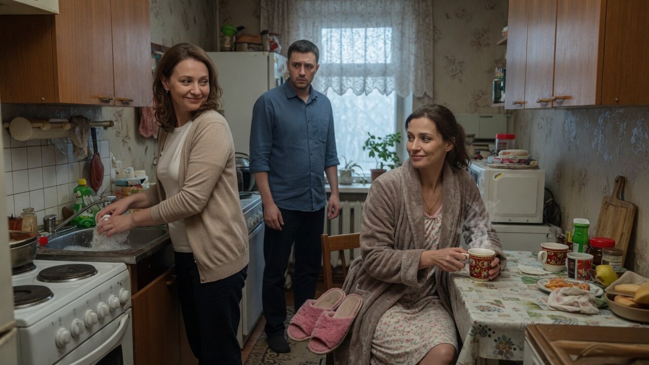 Светлана в халате с чаем как дома; Елена моет посуду; Игорь в стороне